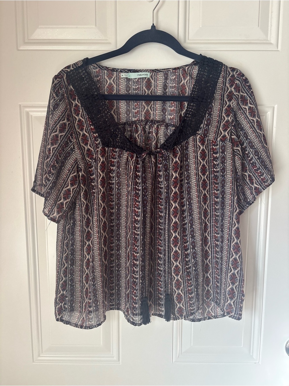 Maurices Boho Peasant Blouse with Black Crochet Trim - Brown & Black